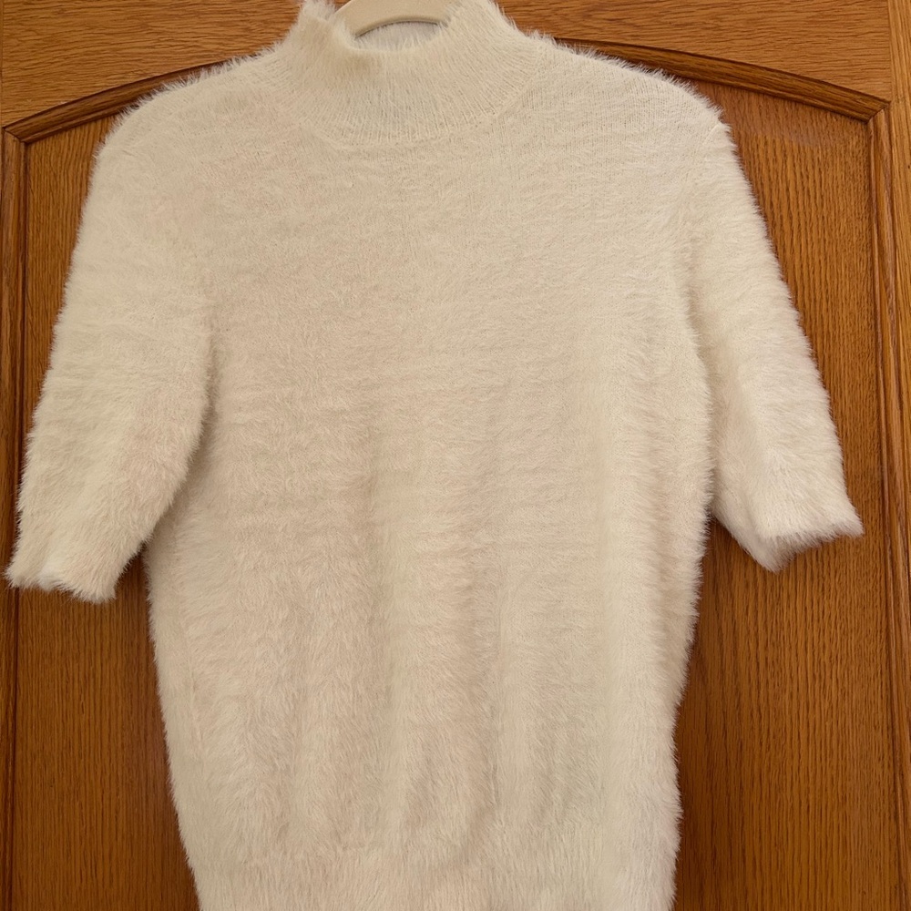 White Fuzzy Turtleneck Sweater with Ribbed Detailing